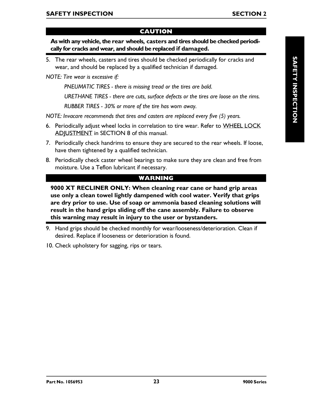 Invacare 9000 XDT, 9000 XT, 9000XT Recliner, 9000 Series, 9000 SL manual Safety Inspection 