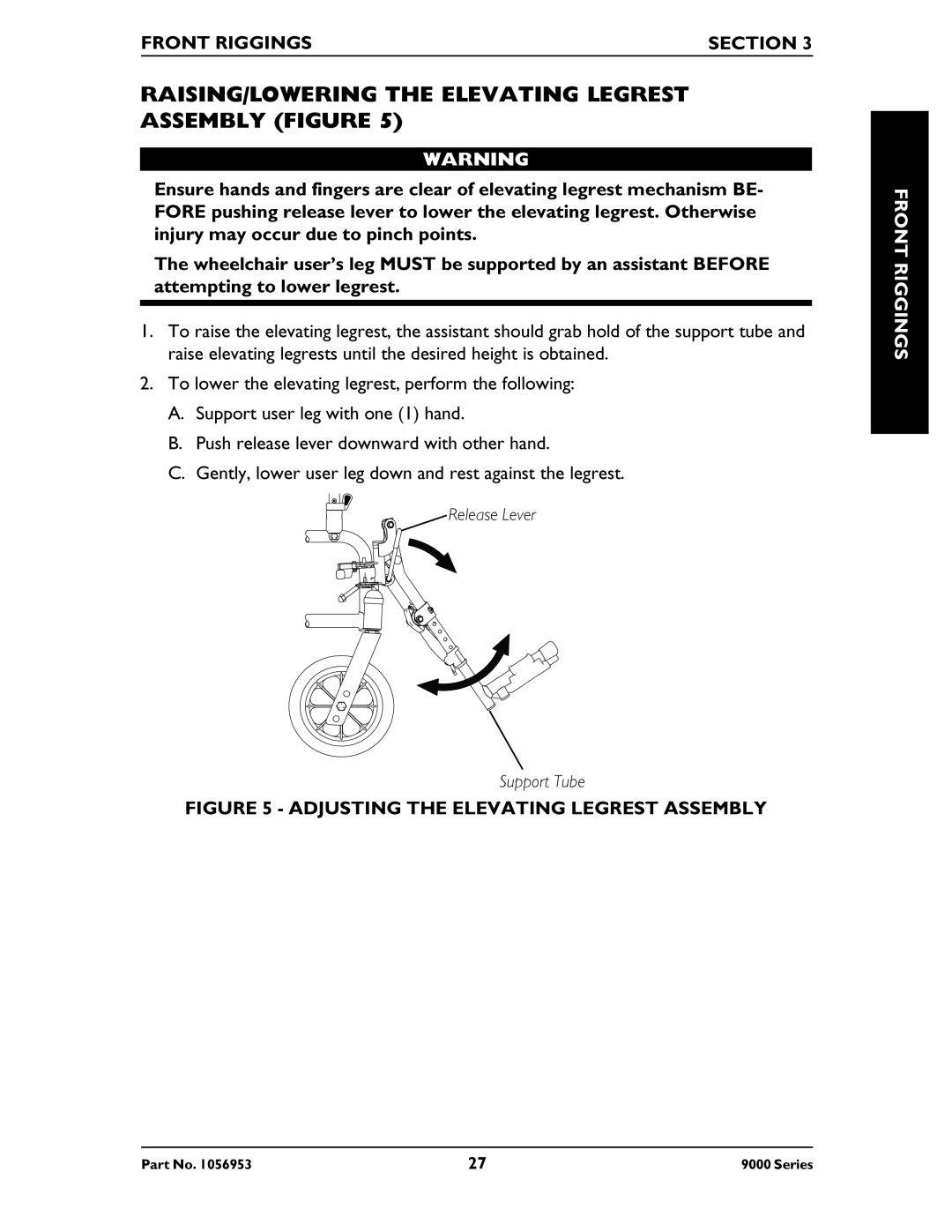 Invacare 9000 Series RAISING/LOWERING the Elevating Legrest Assembly Figure, Adjusting the Elevating Legrest Assembly 