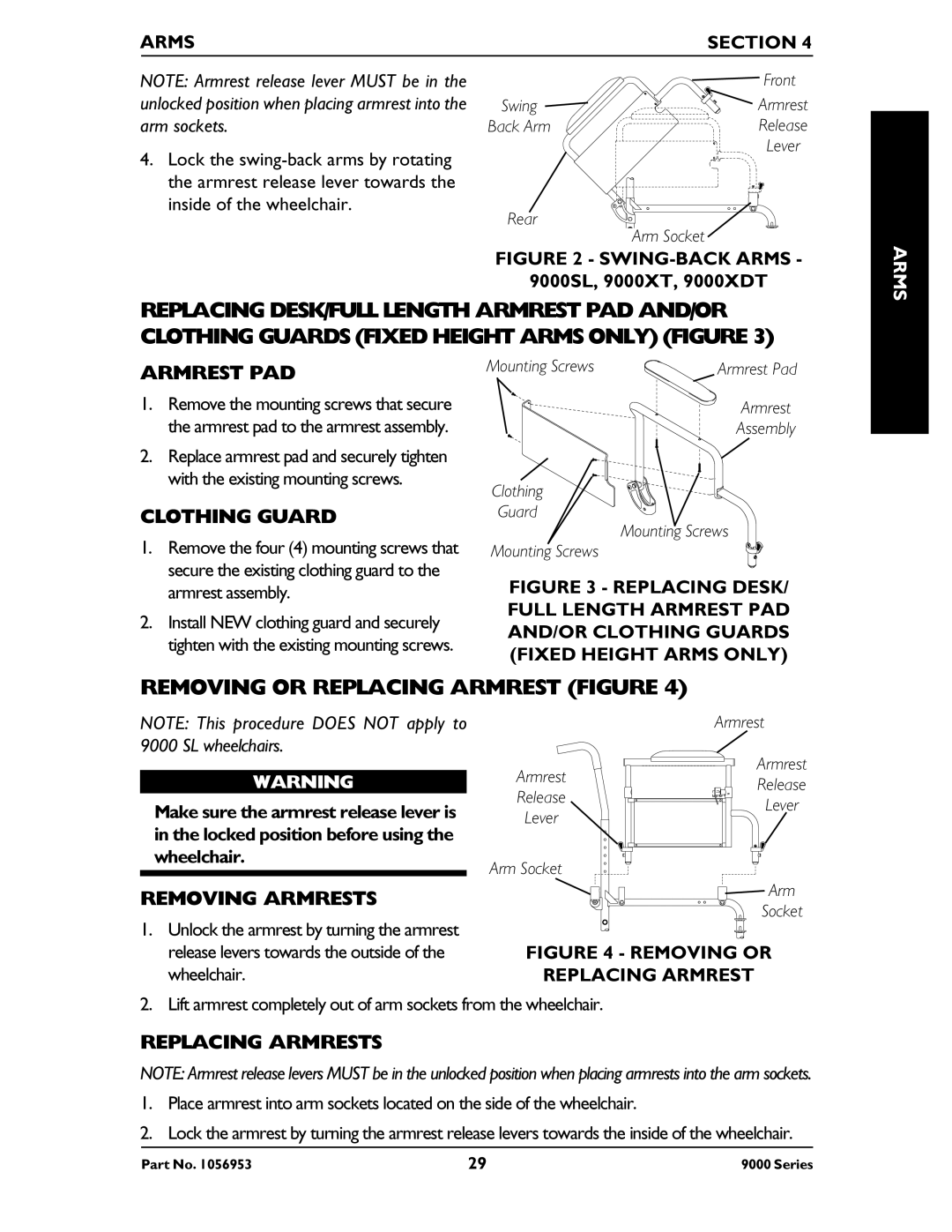 Invacare 9000 SL Removing or Replacing Armrest Figure, Armrest PAD, Clothing Guard, Removing Armrests, Replacing Armrests 
