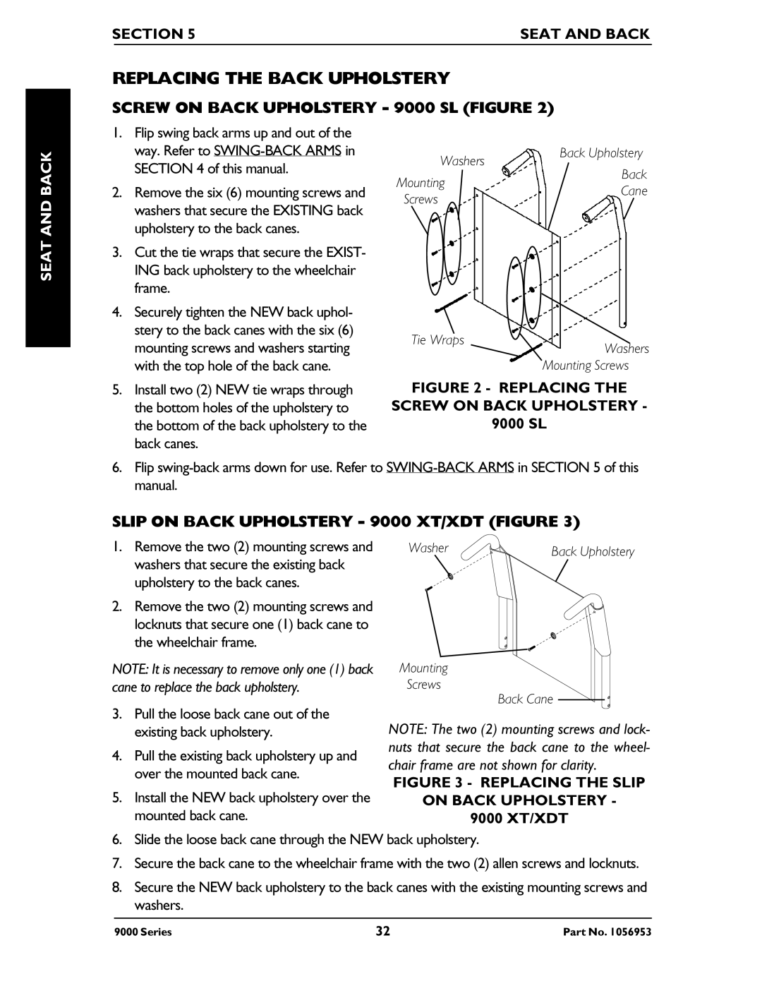 Invacare 9000 Series manual Replacing the Back Upholstery, Screw on Back Upholstery 9000 SL Figure, Section Seat and Back 