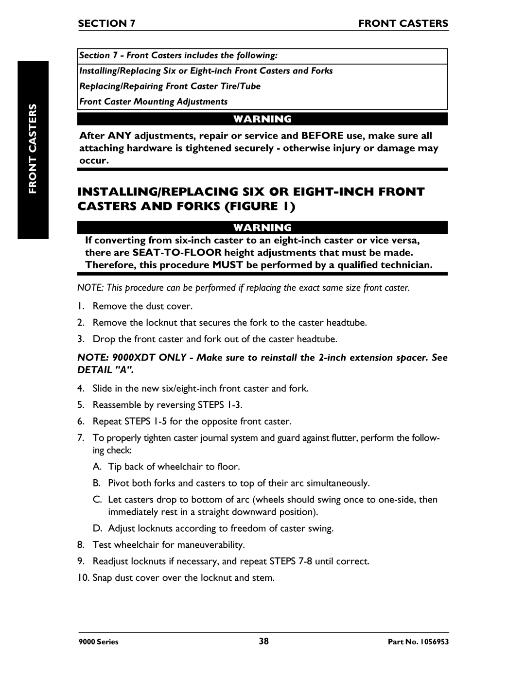 Invacare 9000 XDT, 9000 XT, 9000XT Recliner, 9000 Series, 9000 SL manual Castersfront, Section Front Casters 