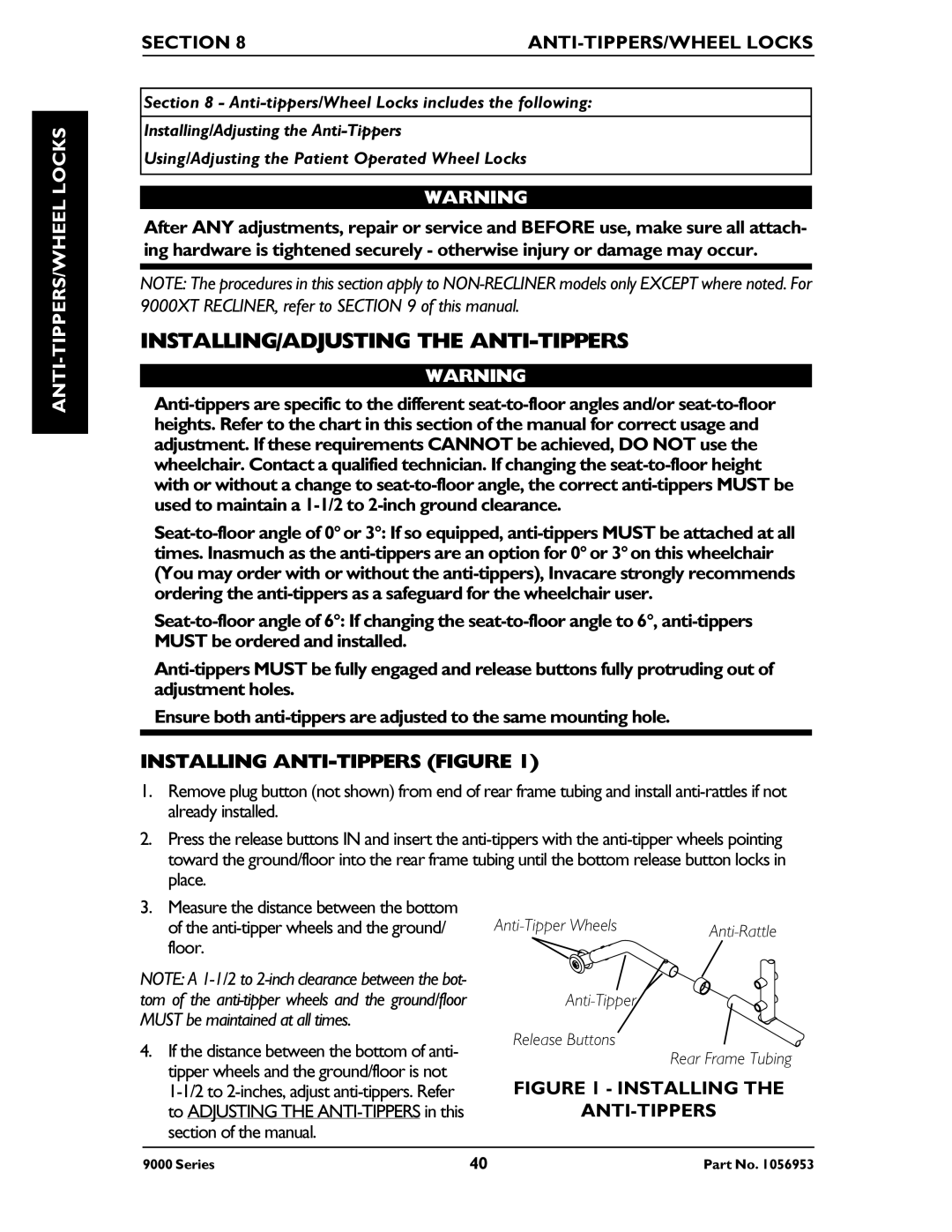 Invacare 9000 XT, 9000 XDT INSTALLING/ADJUSTING the ANTI-TIPPERS, Installing ANTI-TIPPERS Figure, Anti LOCKSTIPPERS/WHEEL 