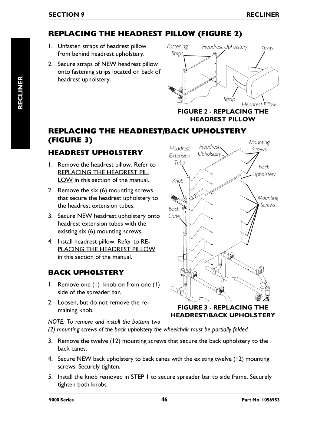 Invacare 9000XT Recliner, 9000 XT manual Replacing the Headrest Pillow Figure, Replacing the HEADREST/BACK Upholstery Figure 