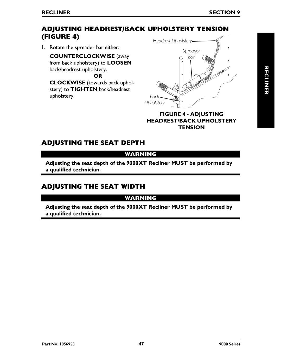 Invacare 9000 Series, 9000 XT, 9000XT Recliner Adjusting HEADREST/BACK Upholstery Tension Figure, Adjusting the Seat Depth 