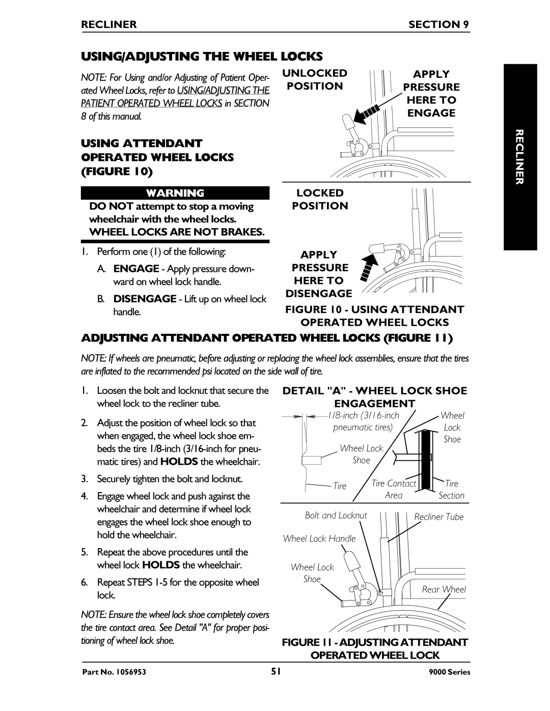 Invacare 9000XT Recliner, 9000 XT, 9000 Series USING/ADJUSTING the Wheel Locks, Using Attendant Operated Wheel Locks Figure 
