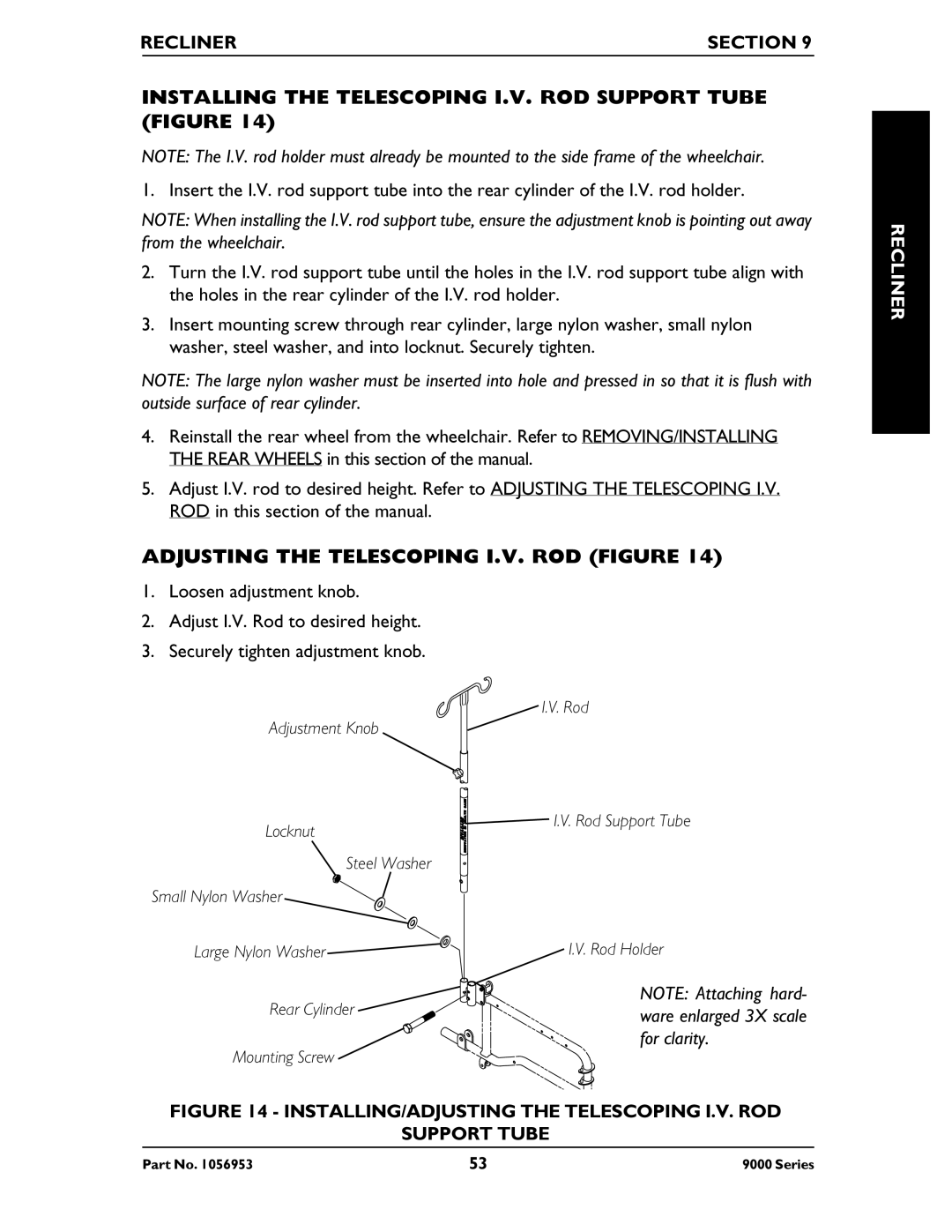 Invacare 9000 XDT manual Installing the Telescoping I.V. ROD Support Tube Figure, Adjusting the Telescoping I.V. ROD Figure 