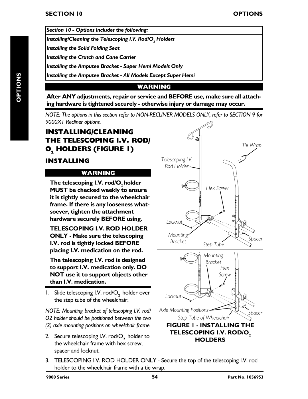 Invacare 9000 SL, 9000 XT, 9000XT Recliner, 9000 Series, 9000 XDT manual Installing, Section Options 