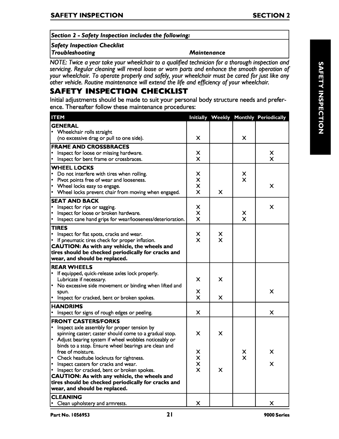 Invacare 9000XT Recliner Safety Inspection Checklist, Section, Safety Inspection includes the following, Troubleshooting 
