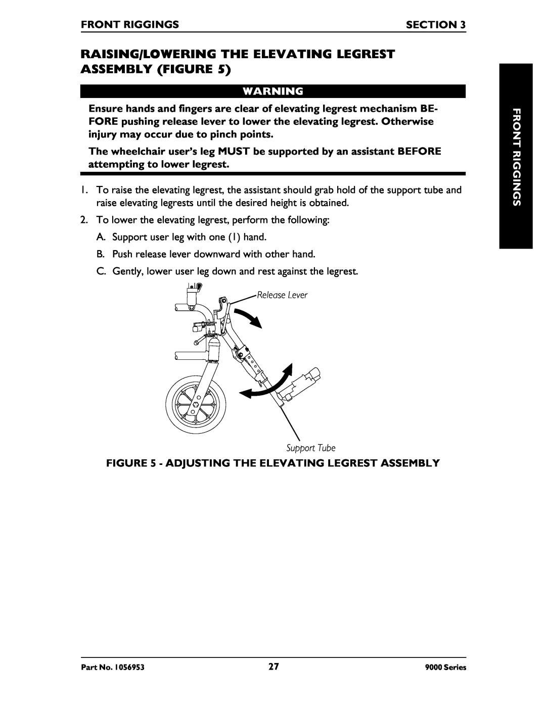 Invacare 9000 Series, 9000 XT, 9000 XDT Raising/Lowering The Elevating Legrest Assembly Figure, Front Riggings, Section 