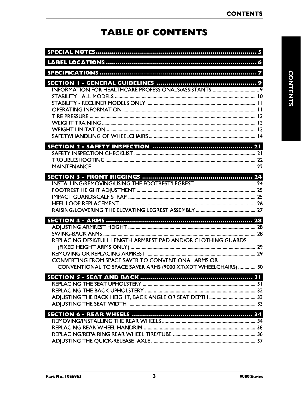 Invacare 9000 XDT Table Of Contents, Special Notes, Label Locations, Specifications, General Guidelines, Safety Inspection 