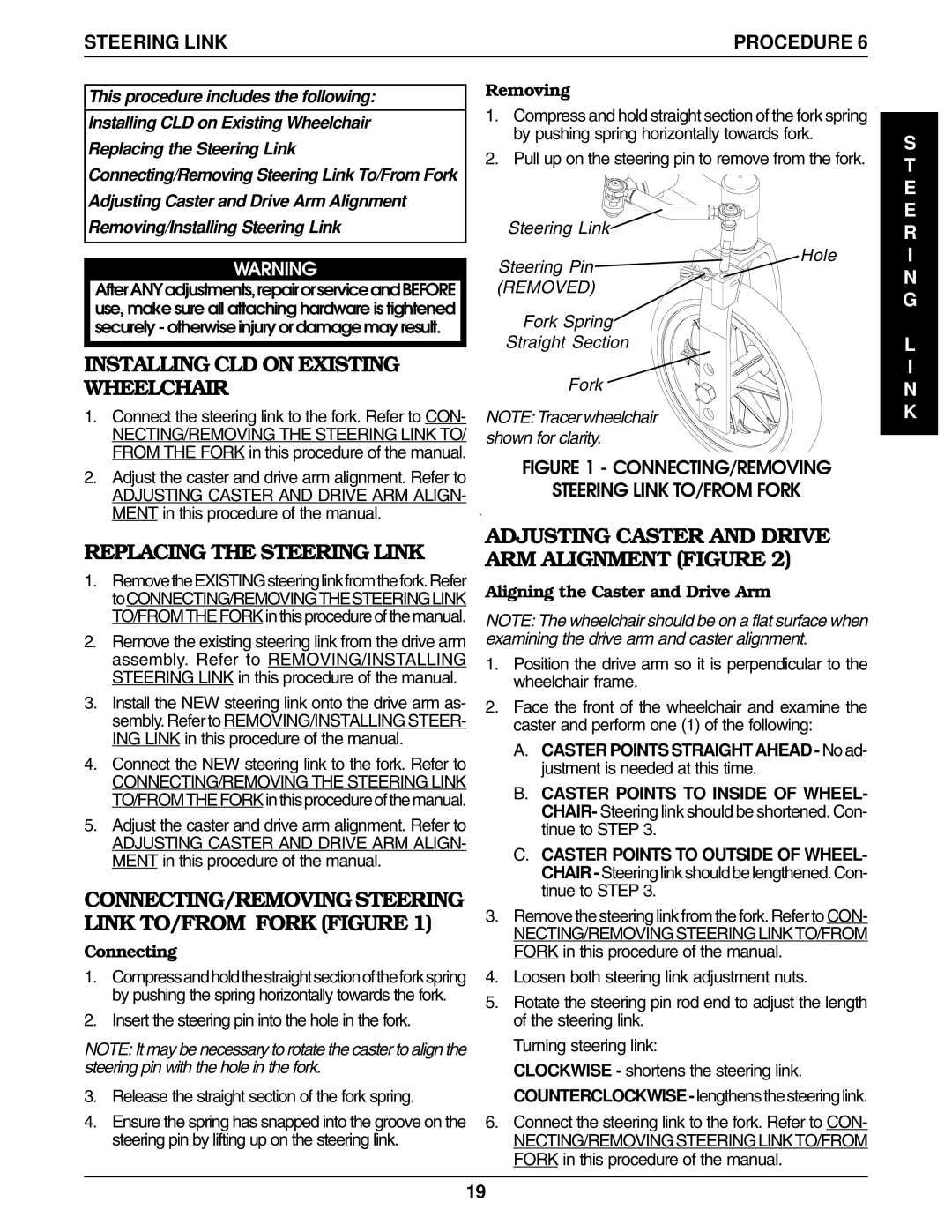 Invacare 9000 service manual Replacing the Steering Link, CONNECTING/REMOVING Steering Link TO/FROM Fork Figure, E E R 