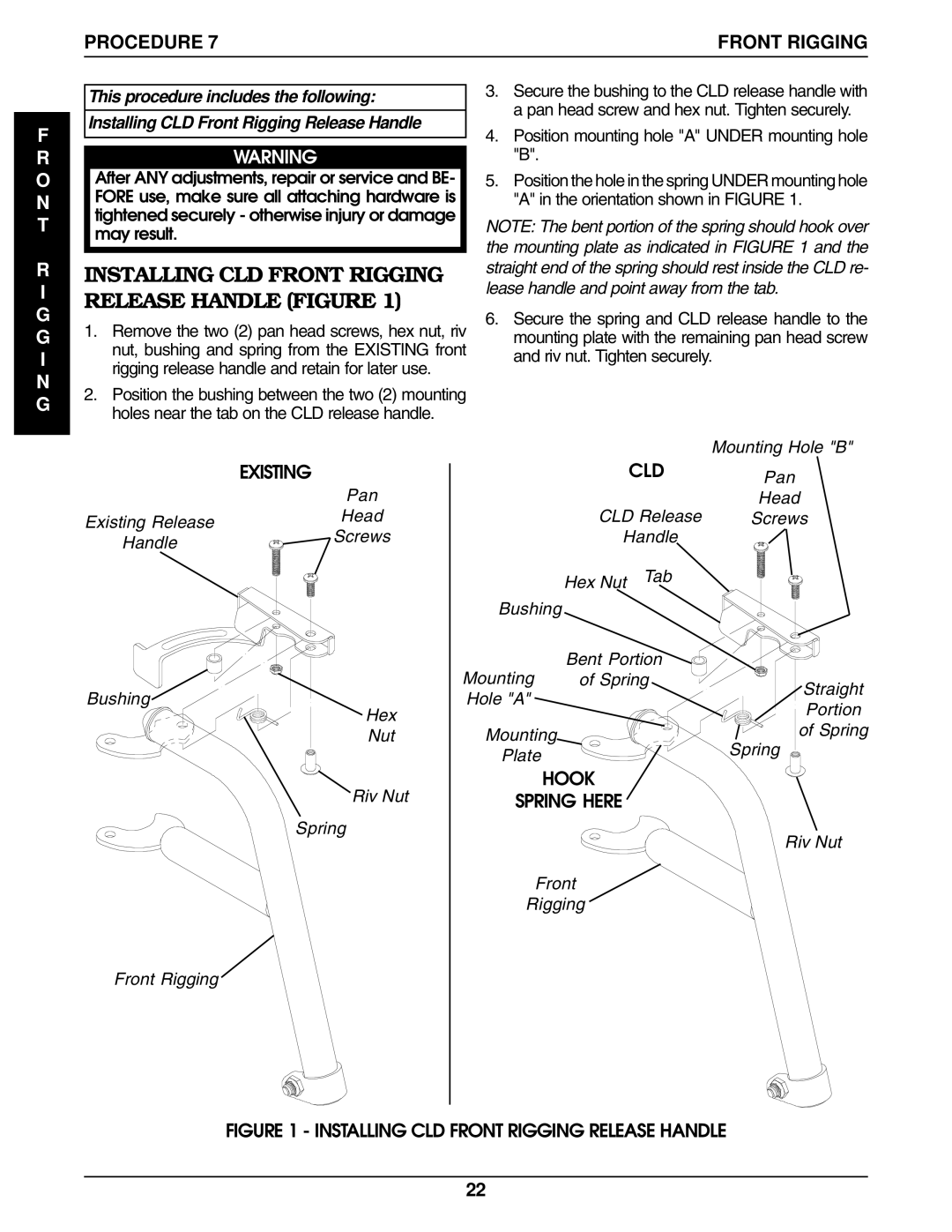 Invacare 9000 service manual Installing CLD Front Rigging Release Handle Figure, Procedure Front Rigging, O N T I N G 