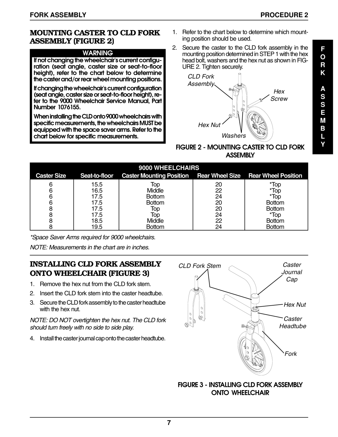 Invacare 9000 service manual Mounting Caster to CLD Fork Assembly Figure, R K S E M B L Y 