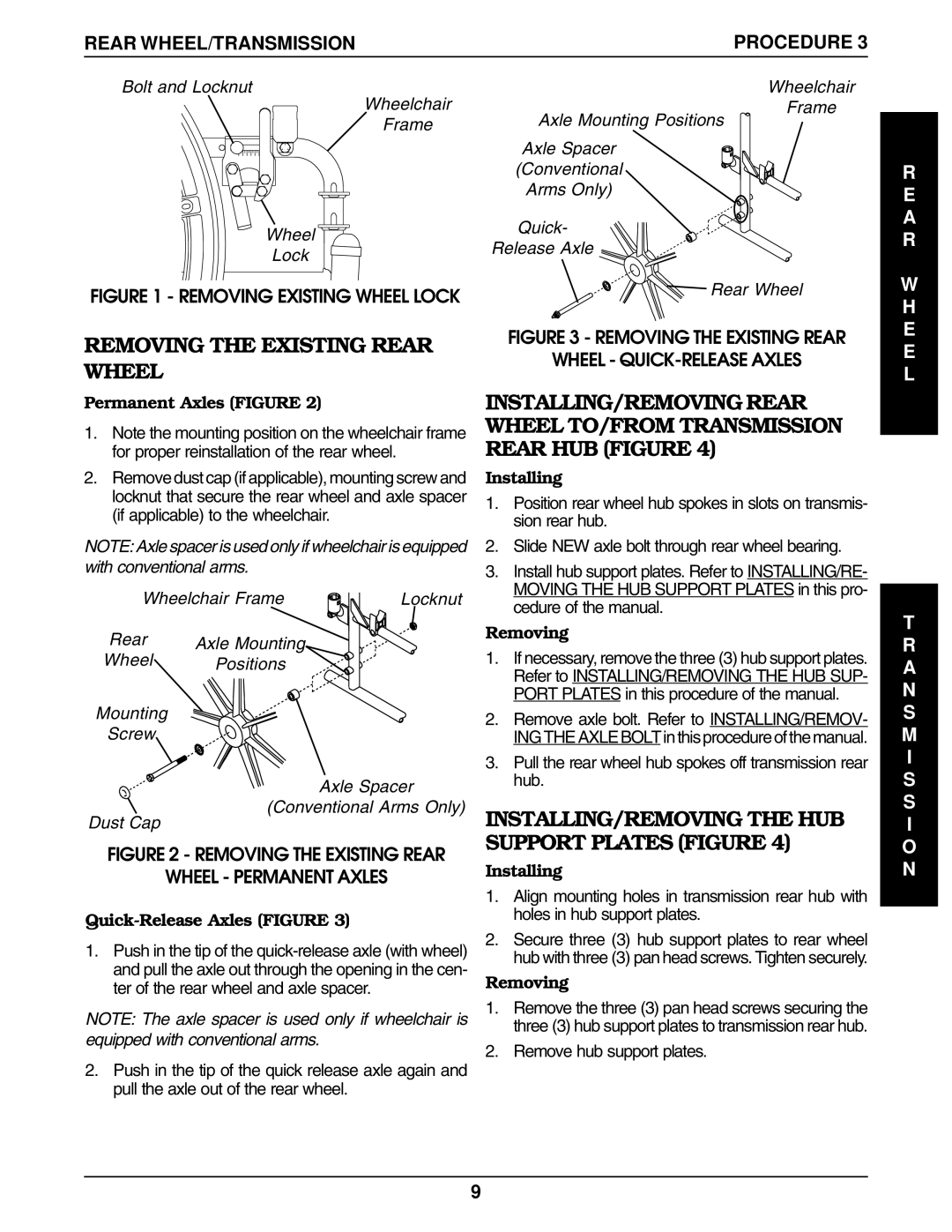 Invacare 9000 Removing the Existing Rear Wheel, INSTALLING/REMOVING the HUB Support Plates Figure, Rear WHEEL/TRANSMISSION 