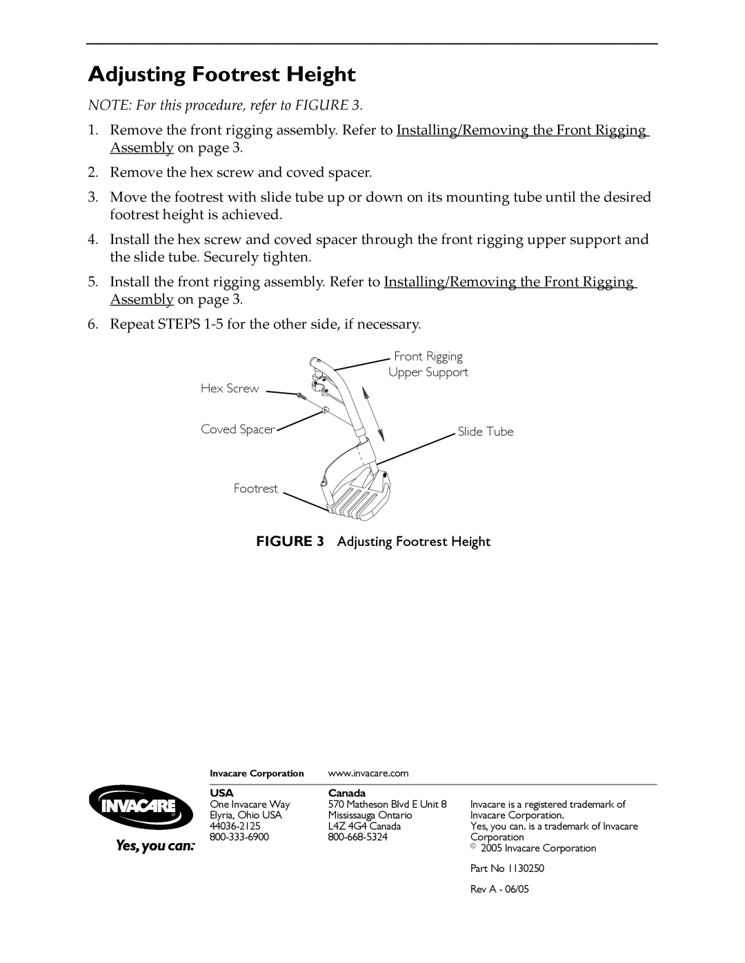 Invacare 9153644014, 9153644018 operating instructions Adjusting Footrest Height 