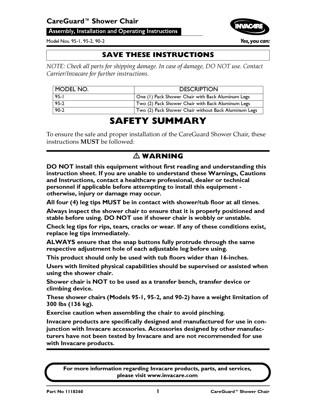 Invacare 90-2, 95-1, 95-2 instruction sheet Safety Summary, CareGuardShower Chair 