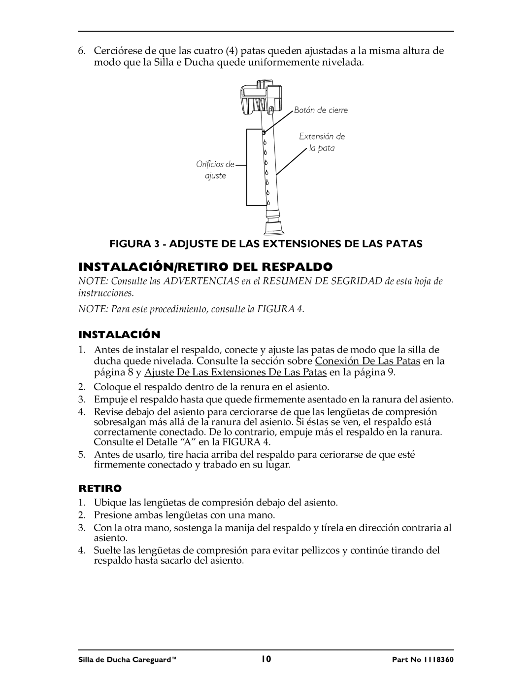 Invacare 90-2, 95-1, 95-2 instruction sheet INSTALACIÓN/RETIRO DEL Respaldo, Instalación, Retiro 