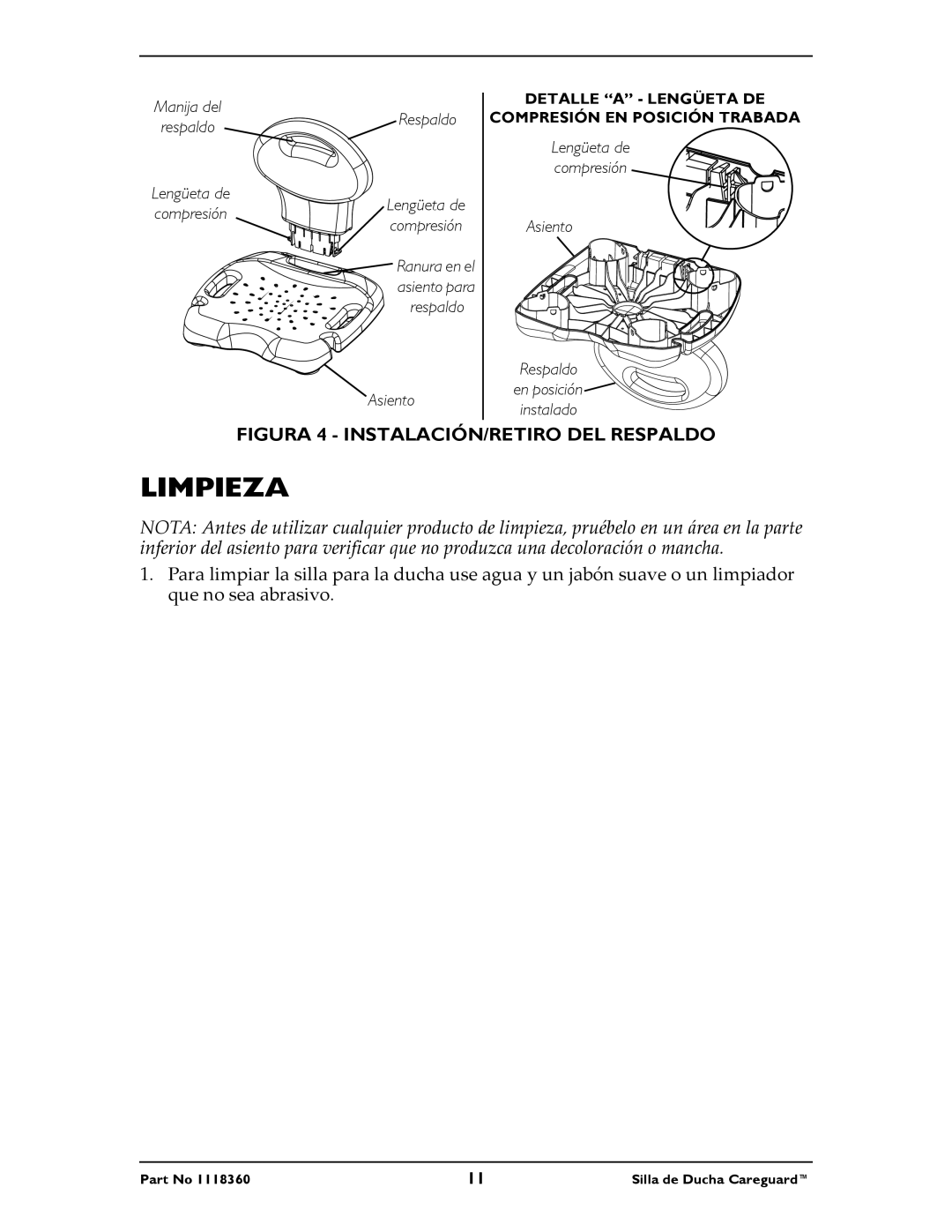 Invacare 95-2, 95-1, 90-2 instruction sheet Limpieza, Figura 4 INSTALACIÓN/RETIRO DEL Respaldo 