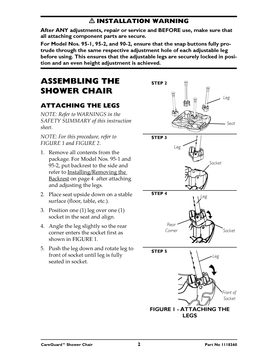 Invacare 95-2, 95-1, 90-2 instruction sheet Assembling the Shower Chair, Installation Warning, Attaching the Legs 