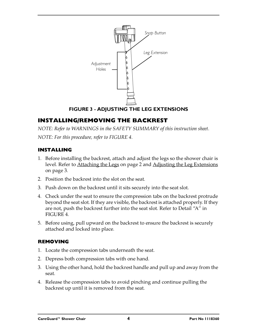 Invacare 90-2, 95-1, 95-2 instruction sheet INSTALLING/REMOVING the Backrest, Installing, Removing 