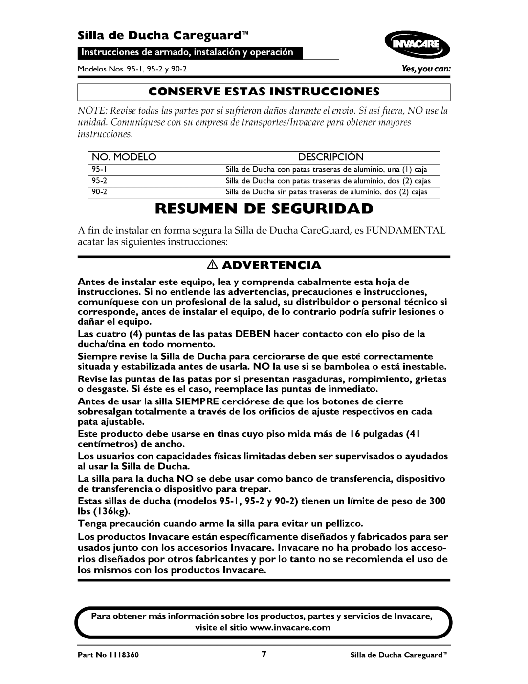 Invacare 90-2, 95-1, 95-2 instruction sheet Resumen DE Seguridad, Conserve Estas Instrucciones, Advertencia 