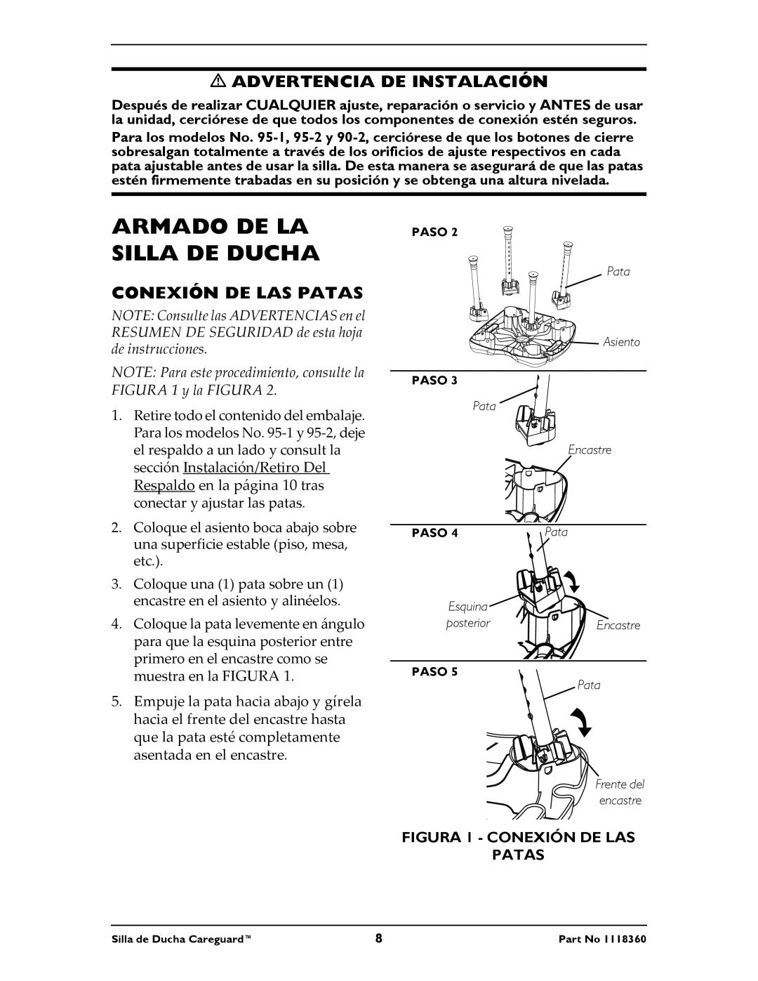 Invacare 95-2, 95-1, 90-2 instruction sheet Armado DE LA Silla DE Ducha, Advertencia DE Instalación, Conexión DE LAS Patas 