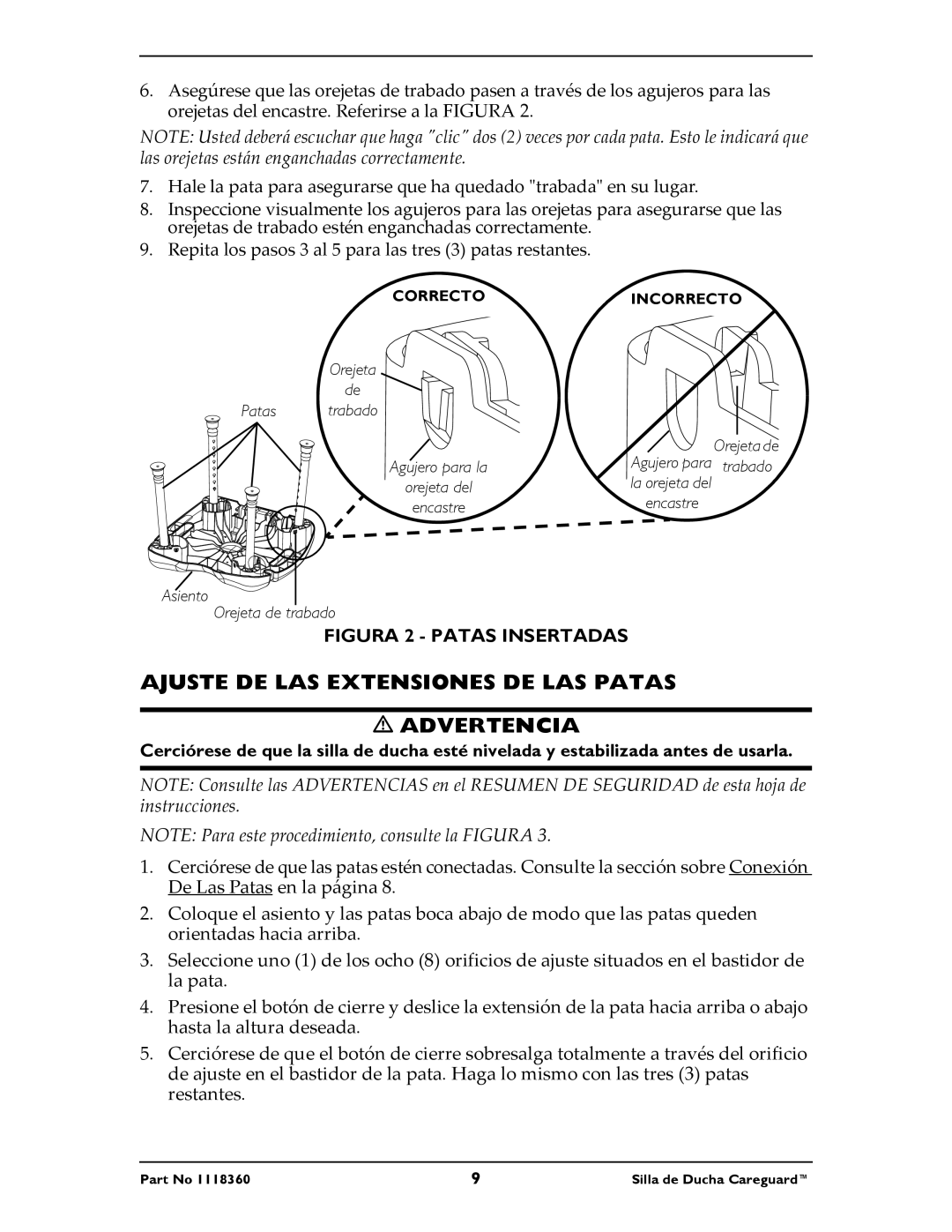 Invacare 95-1, 90-2, 95-2 instruction sheet Ajuste DE LAS Extensiones DE LAS Patas Advertencia, Figura 2 Patas Insertadas 