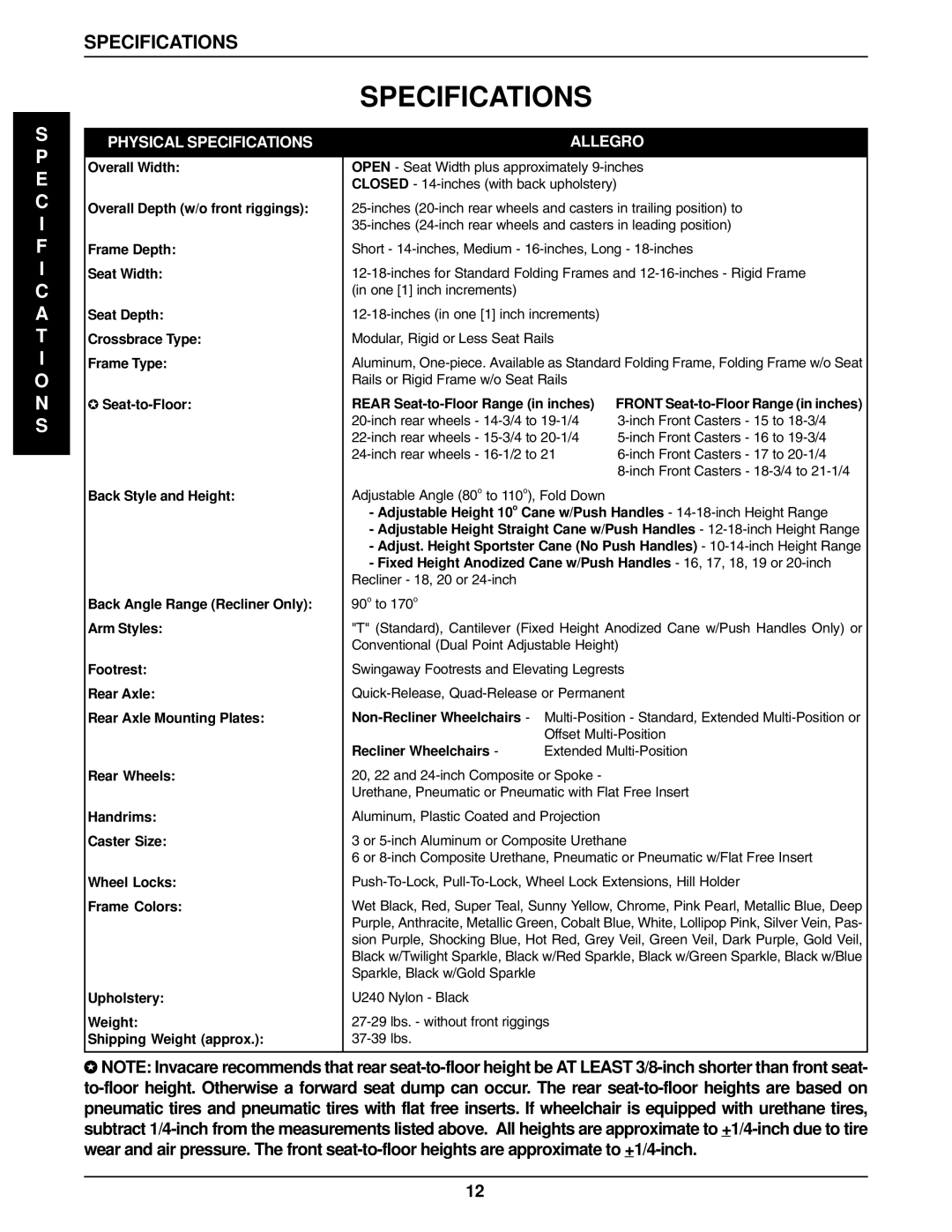 Invacare 96-100, 1061057 manual Specifications 