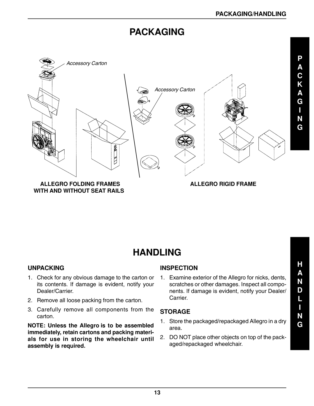 Invacare 1061057, 96-100 manual Packaging, Handling, C K a G I N G, N D L I N G 