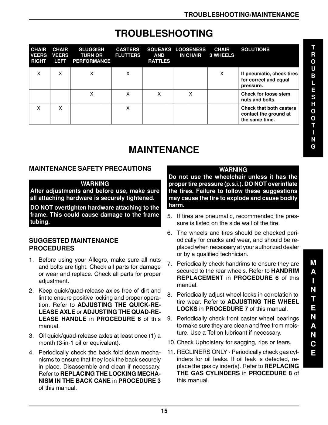 Invacare 1061057, 96-100 manual Troubleshooting, Maintenance, I N T E N a N C E 