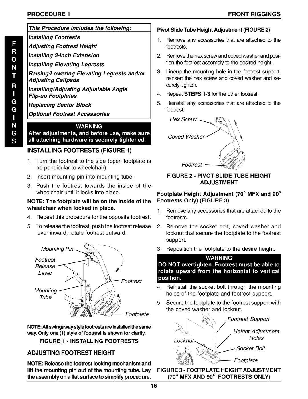 Invacare 96-100, 1061057 manual Procedure Front Riggings, Installing Footrests Figure, Adjusting Footrest Height 