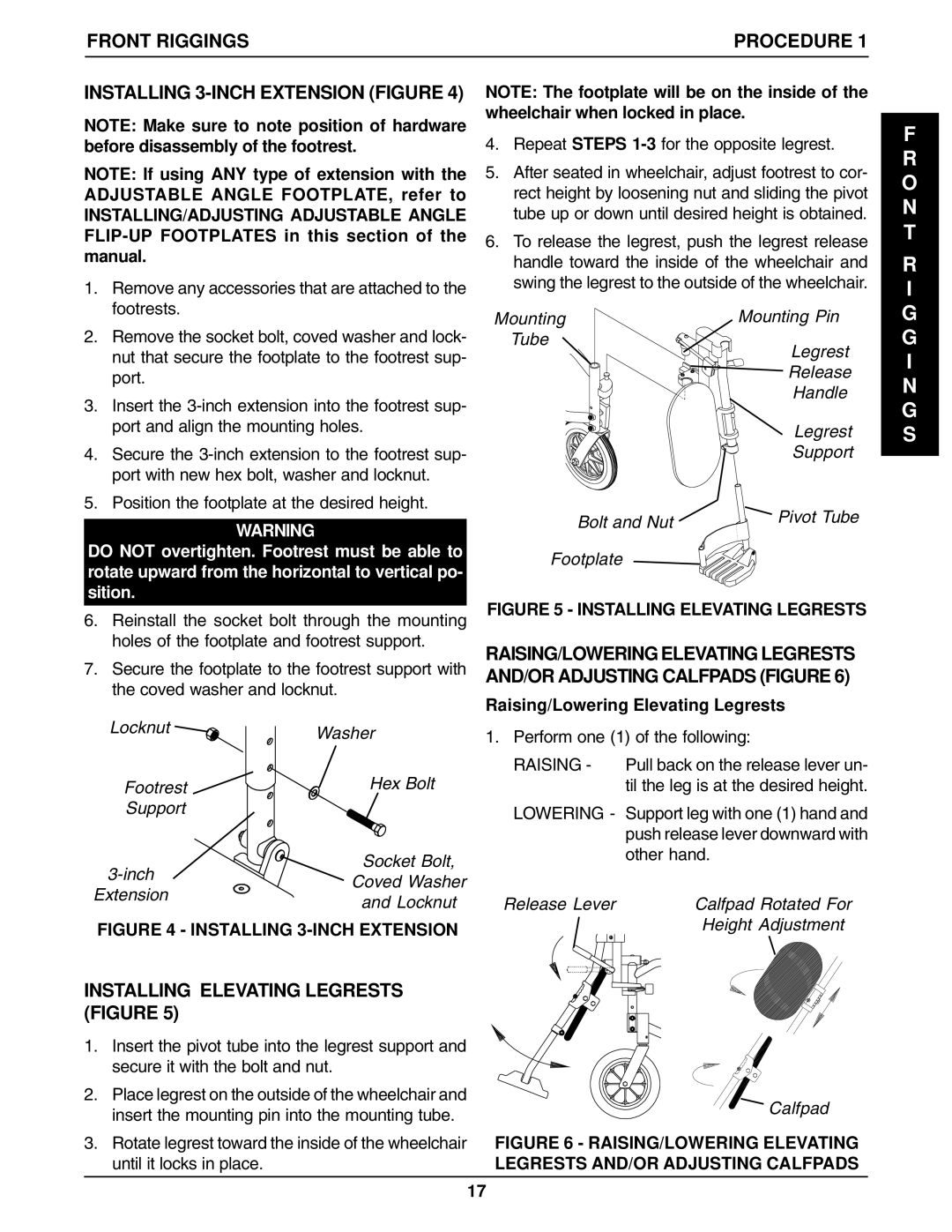 Invacare 1061057, 96-100 manual Installing 3-INCH Extension Figure, Installing Elevating Legrests Figure, Procedure 