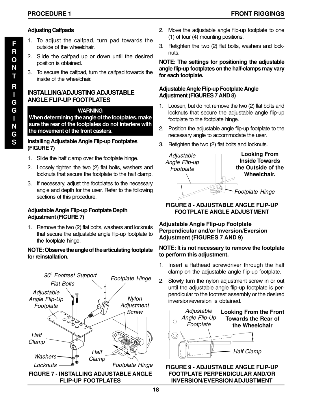 Invacare 96-100, 1061057 manual Adjusting Calfpads, INSTALLING/ADJUSTING Adjustable Angle FLIP-UP Footplates 