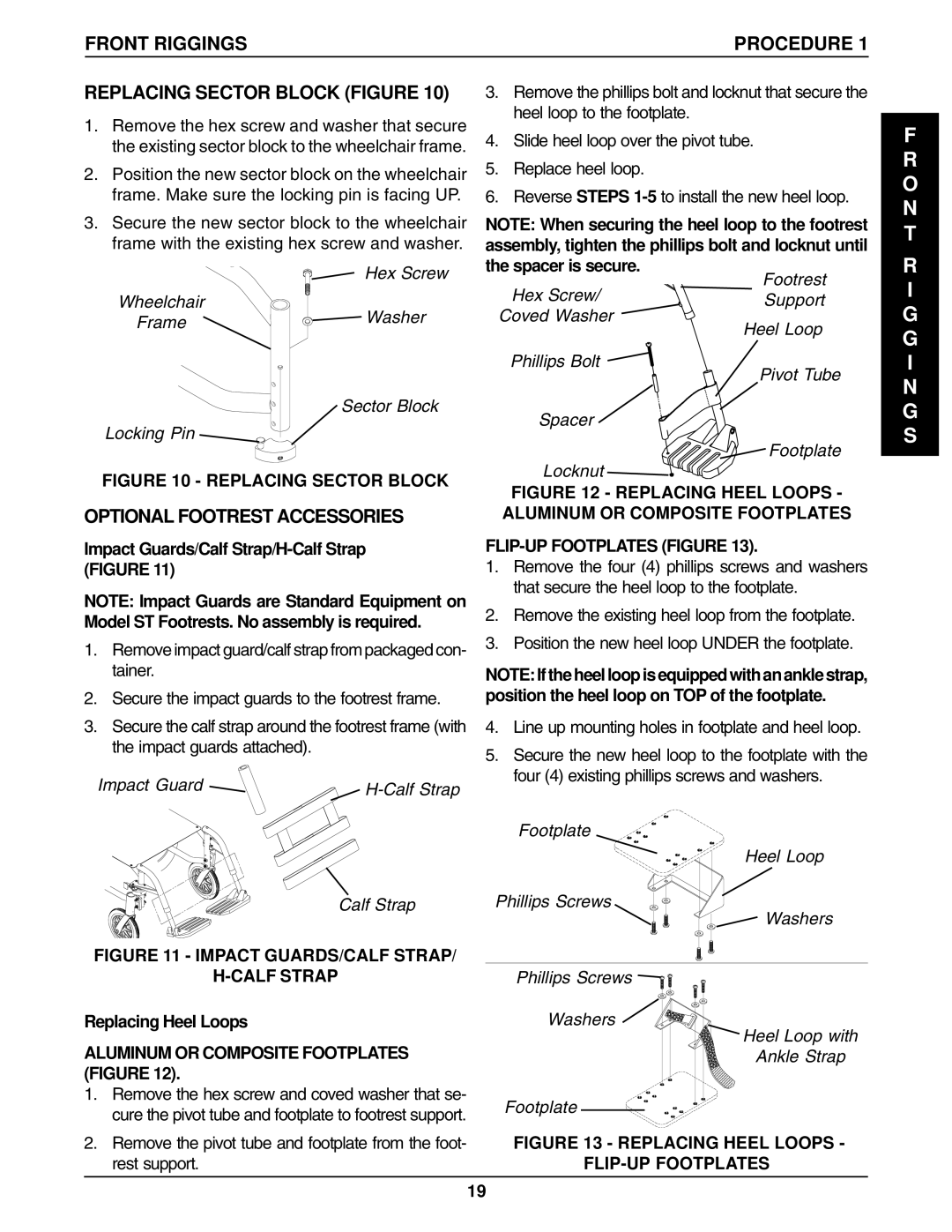 Invacare 1061057, 96-100 manual Replacing Sector Block Figure, Optional Footrest Accessories, FLIP-UP Footplates Figure 