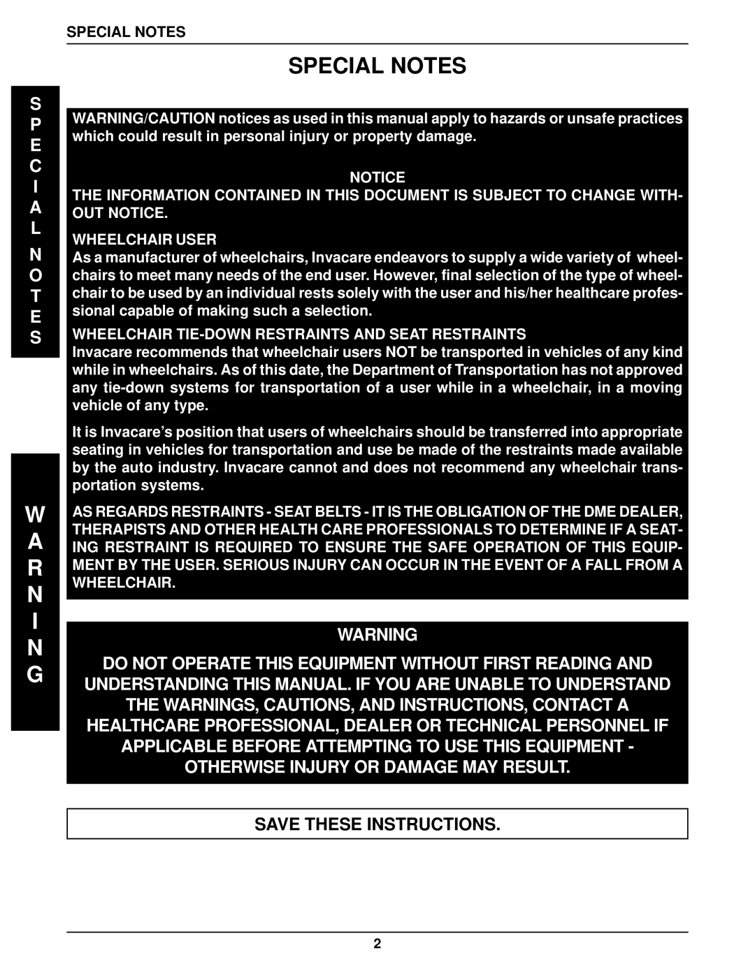 Invacare 96-100, 1061057 manual Special Notes 