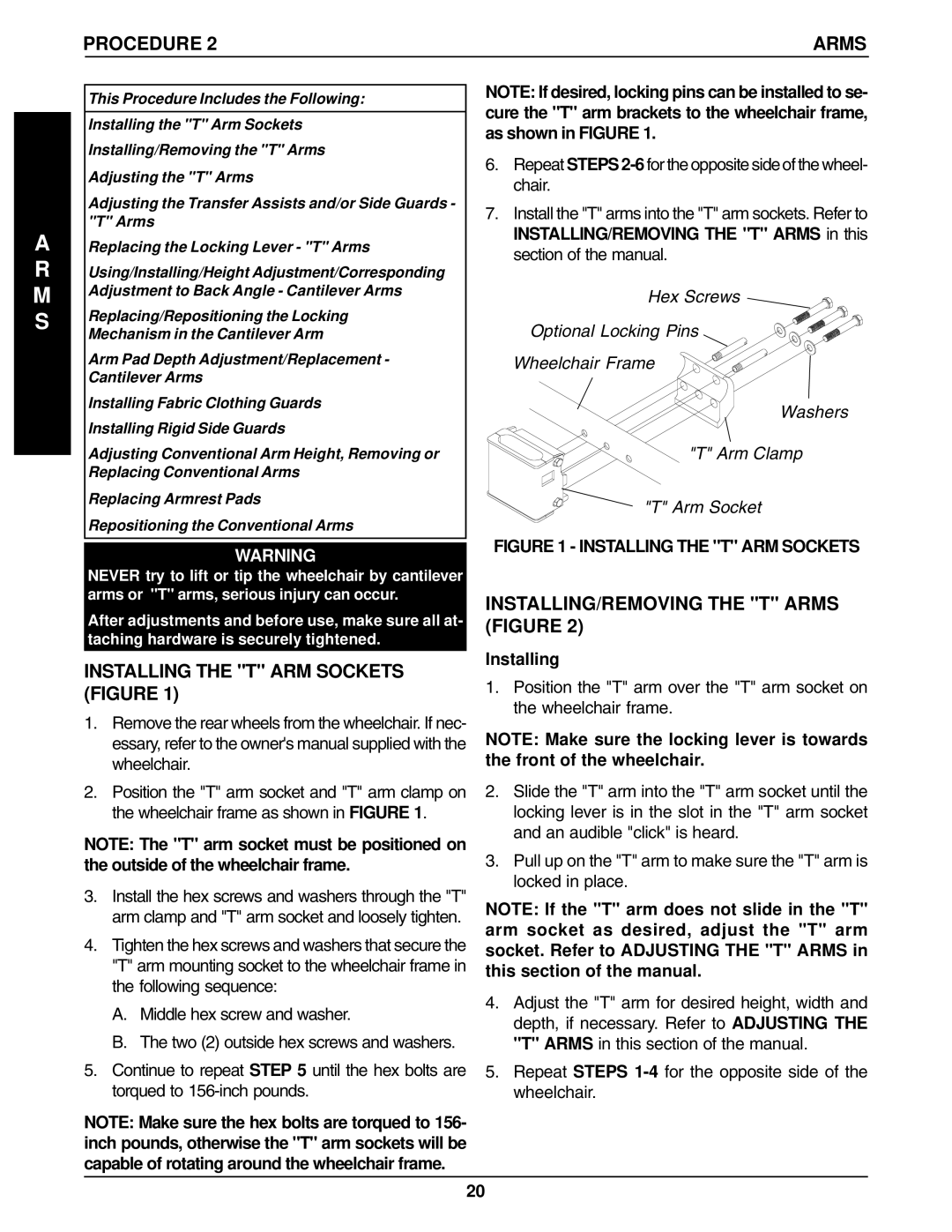 Invacare 96-100, 1061057 manual M S, Procedure Arms, Installing 