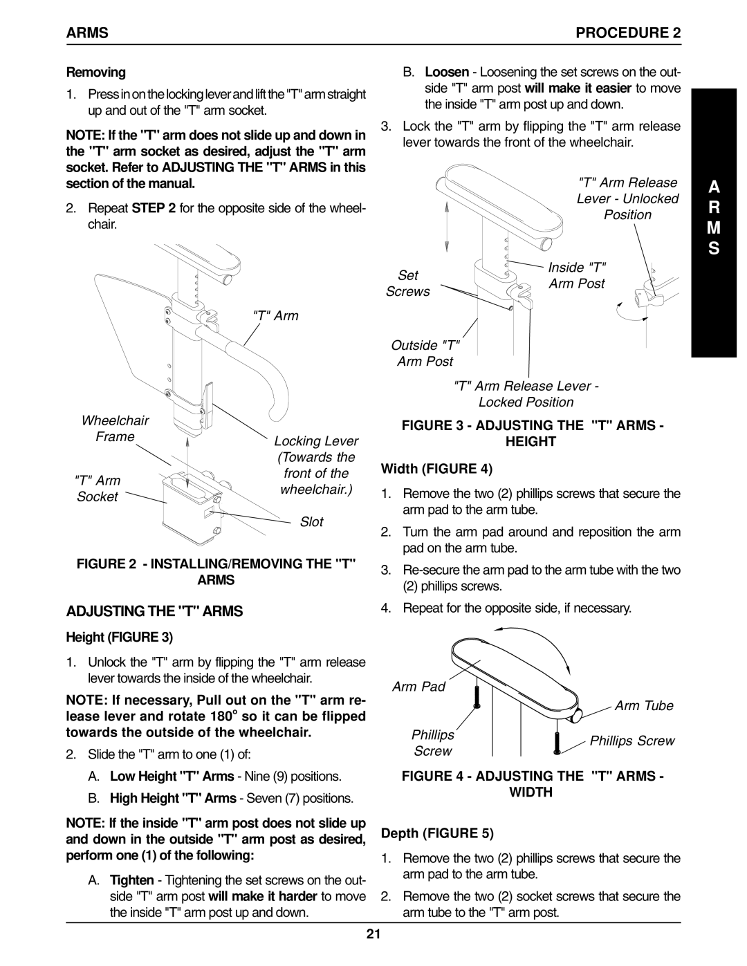 Invacare 1061057, 96-100 manual Adjusting the T Arms, Removing, Height Figure, Width Figure, Depth Figure 