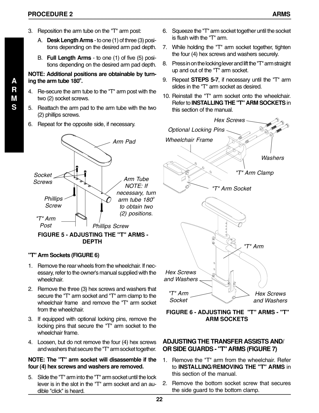 Invacare 96-100, 1061057 manual Reposition the arm tube on the T arm post, Arm Sockets Figure, Arm Hex Screws Washers 