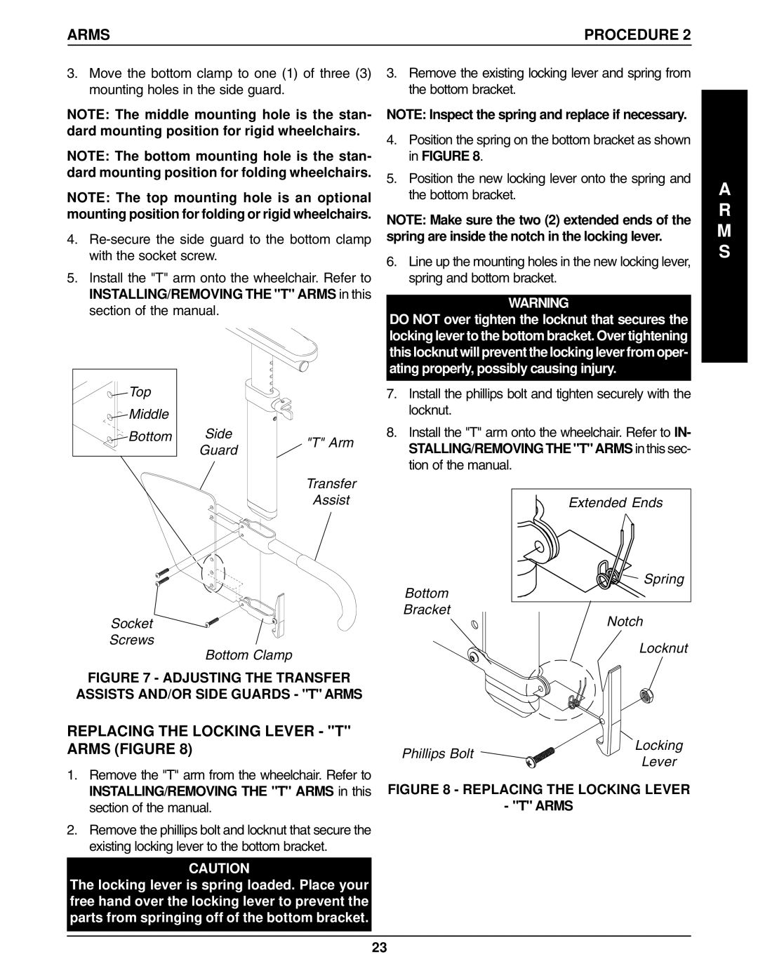 Invacare 1061057, 96-100 manual Arms Procedure, Replacing the Locking Lever T Arms Figure, Top Middle Bottom Side Arm Guard 