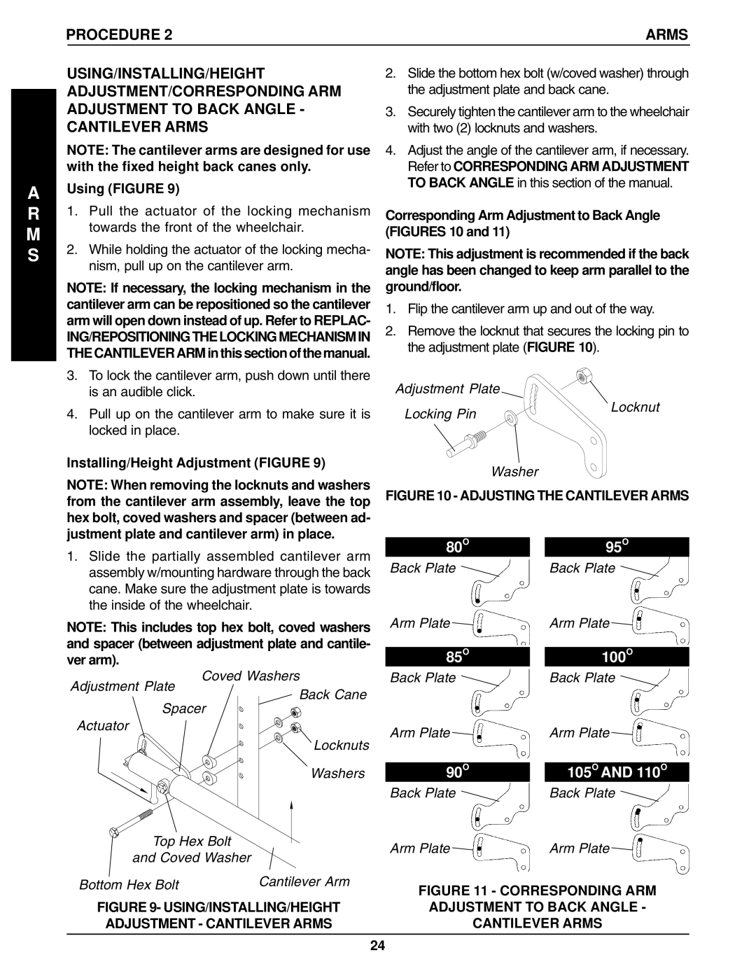 Invacare 96-100 Using Figure, Installing/Height Adjustment Figure, Corresponding Arm Adjustment to Back Angle Figures 10 