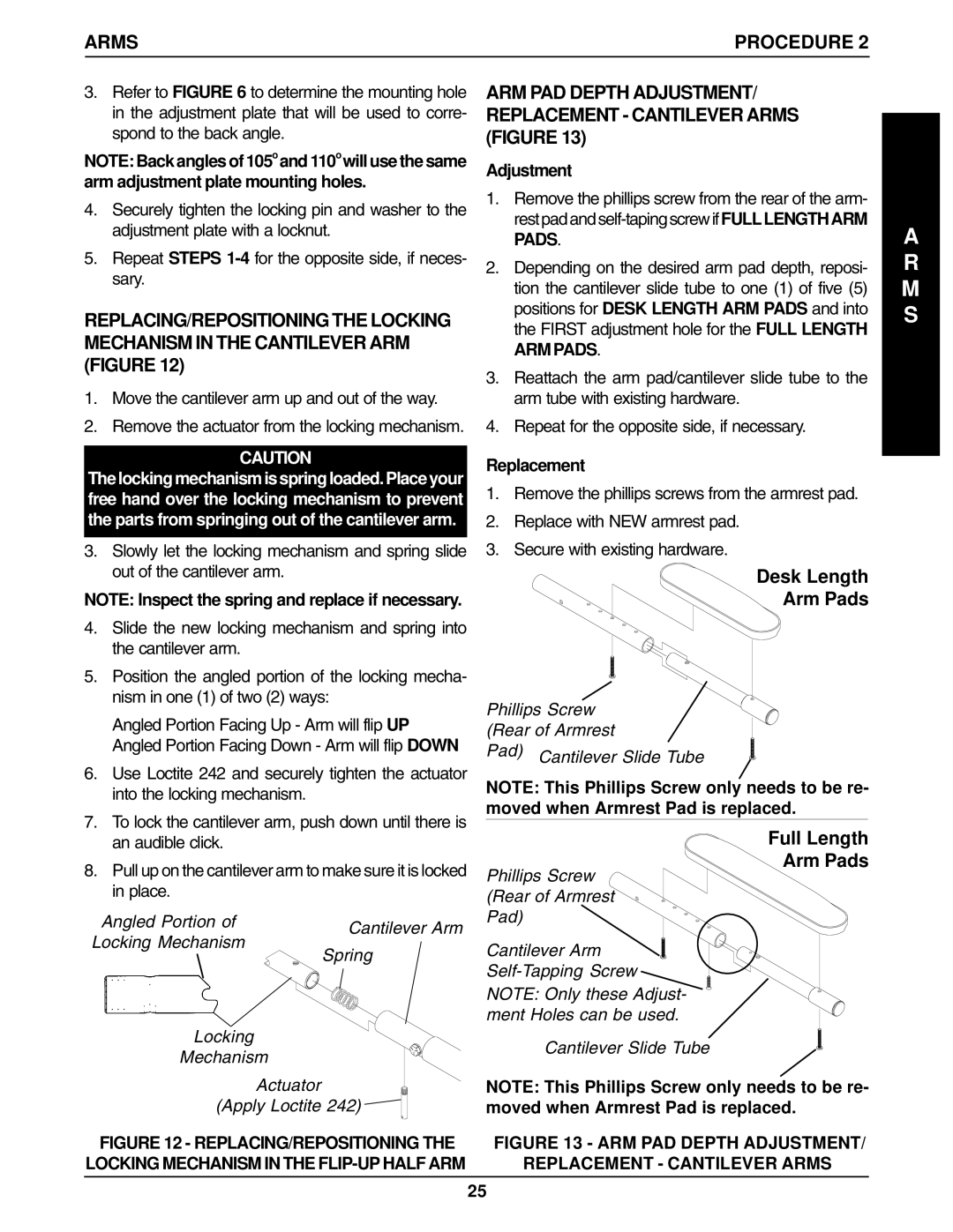 Invacare 1061057, 96-100 Angled Portion Cantilever Arm, Locking Mechanism Actuator Apply Loctite, Adjustment, Replacement 