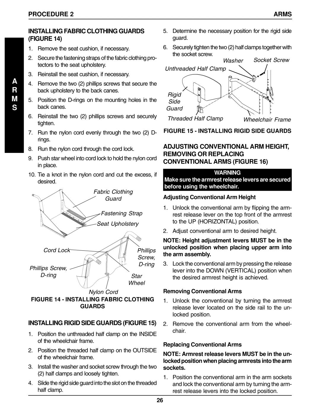 Invacare 96-100 Installing Fabric Clothing Guards Figure, Adjusting Conventional Arm Height, Removing Conventional Arms 