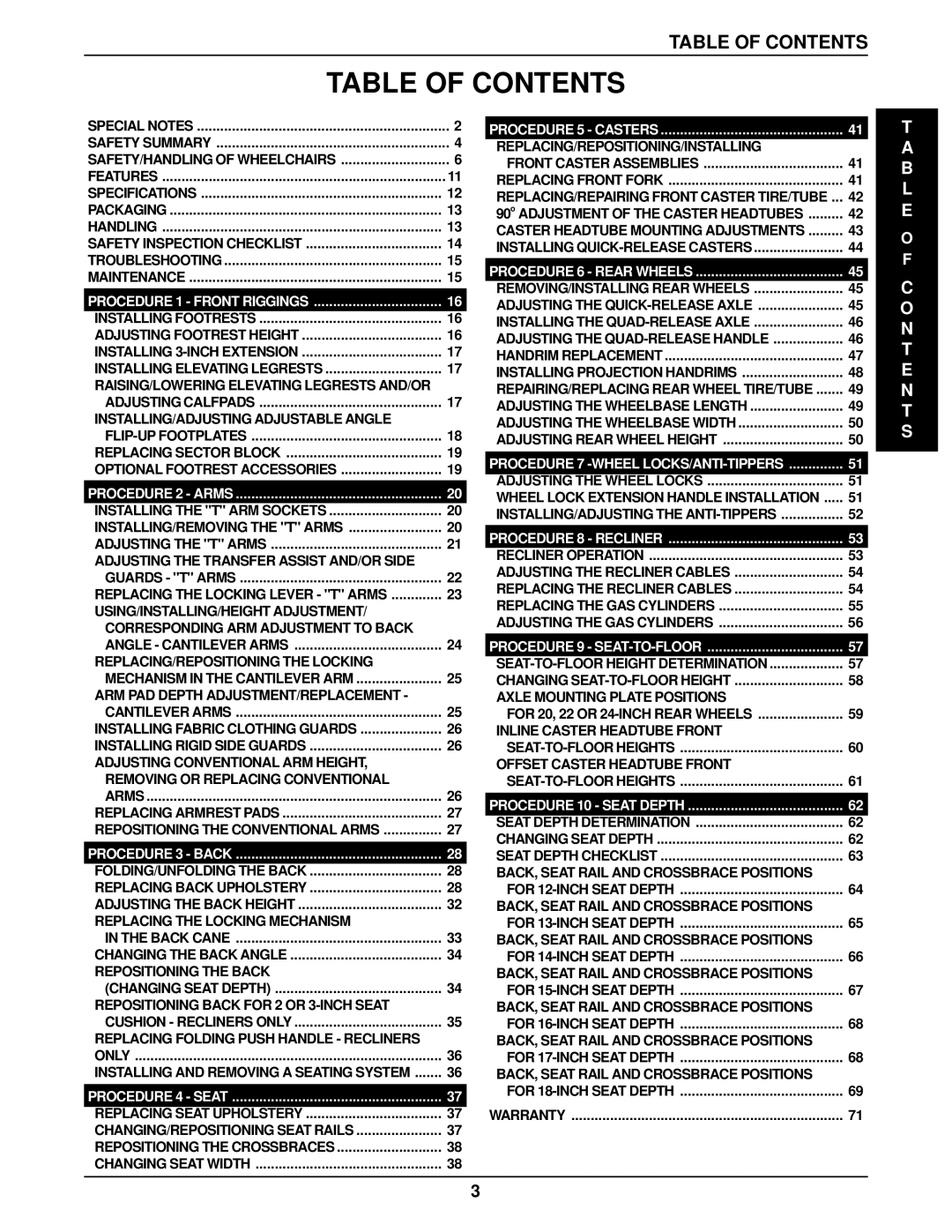 Invacare 1061057, 96-100 manual Table of Contents 