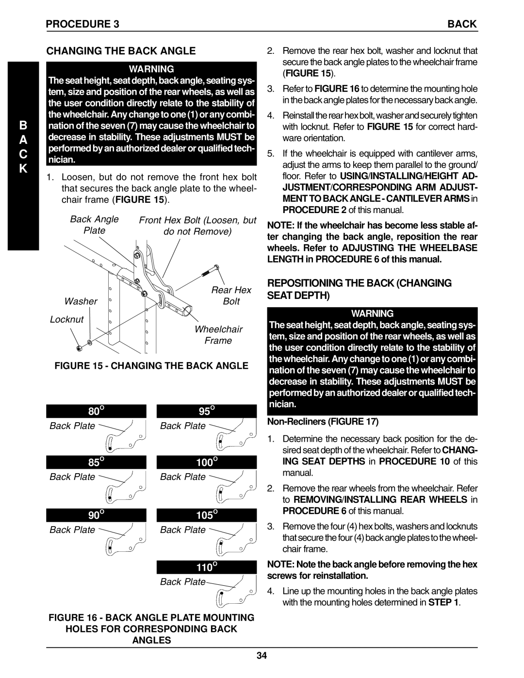 Invacare 96-100 Changing the Back Angle, Repositioning the Back Changing Seat Depth, Back Plate, Non-Recliners Figure 