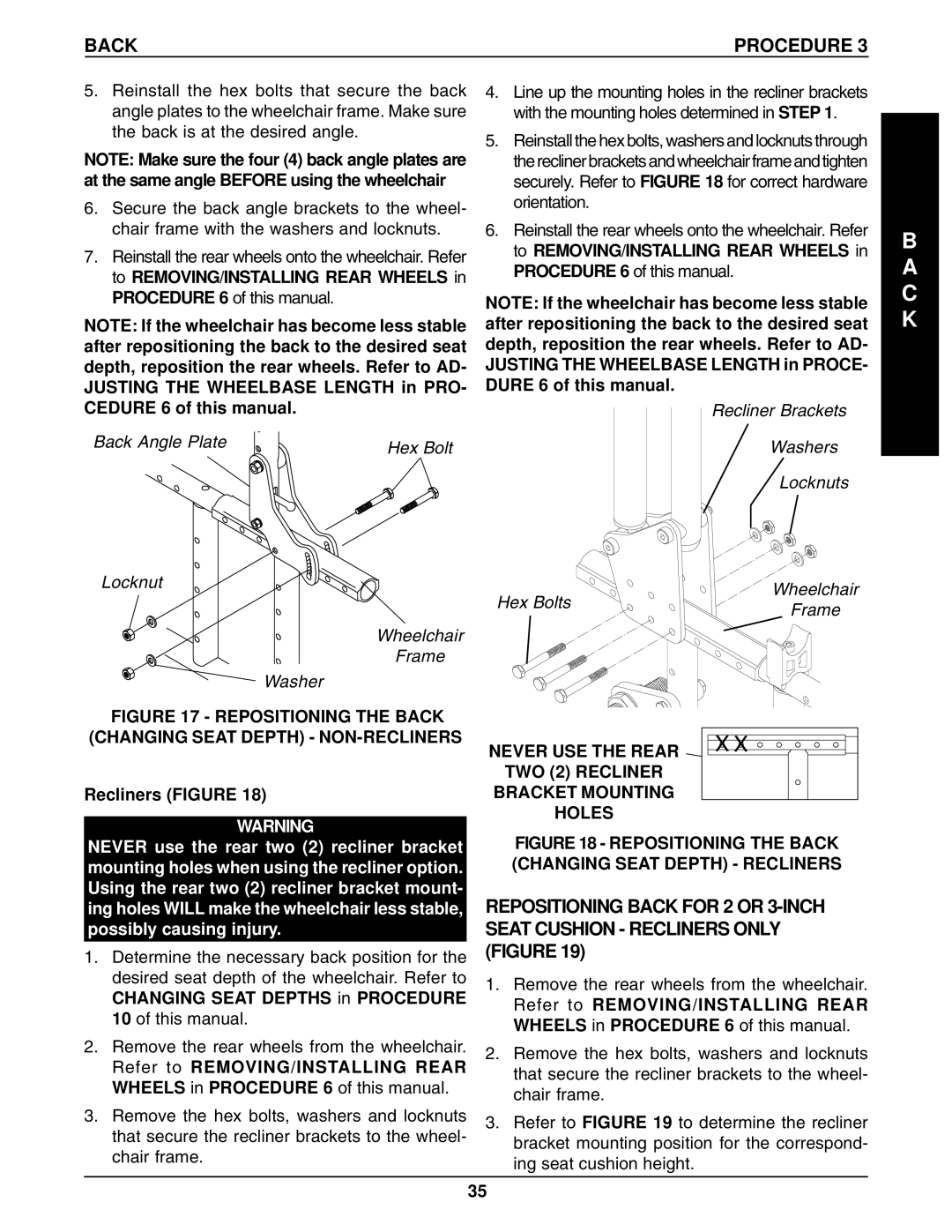 Invacare 1061057, 96-100 manual Back Angle Plate Hex Bolt Locknut Wheelchair Frame Washer, Recliners Figure 