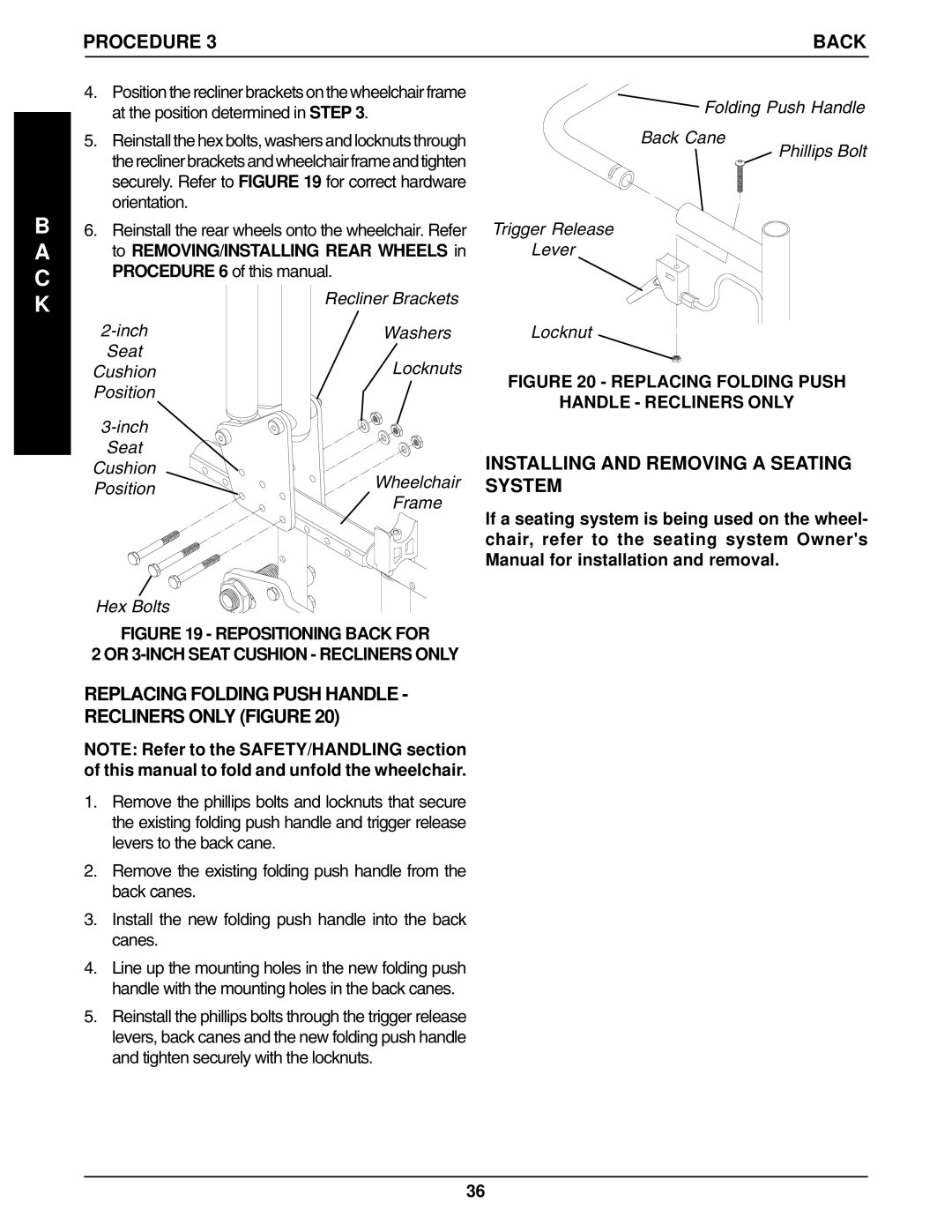 Invacare 96-100, 1061057 manual Installing and Removing a Seating System, Recliner Brackets 