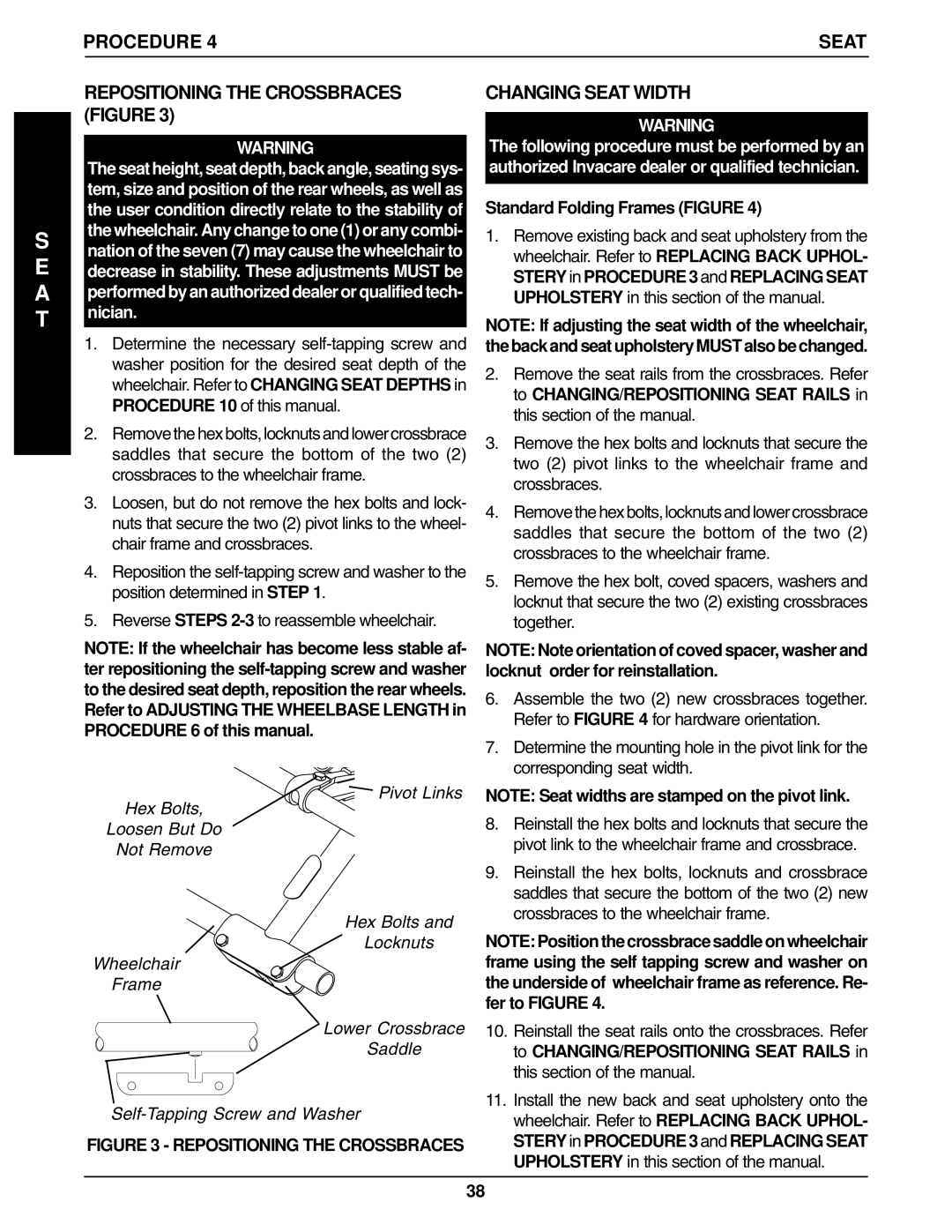 Invacare 96-100 Procedure Seat, Repositioning the Crossbraces Figure, Changing Seat Width, Standard Folding Frames Figure 