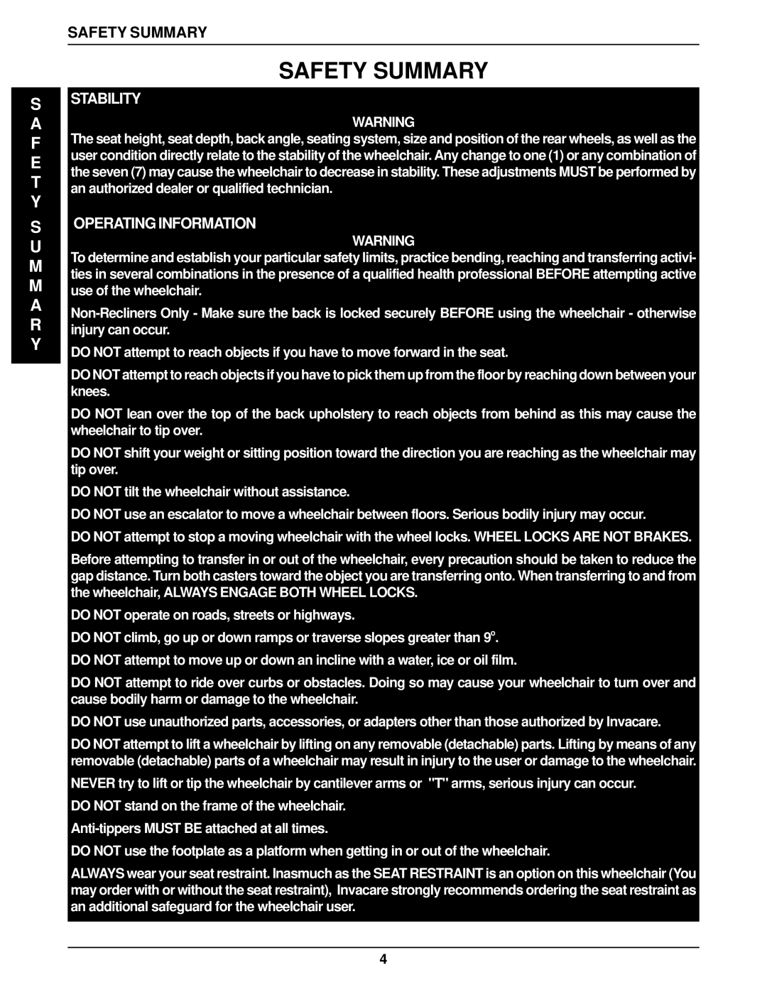 Invacare 96-100, 1061057 manual Safety Summary 