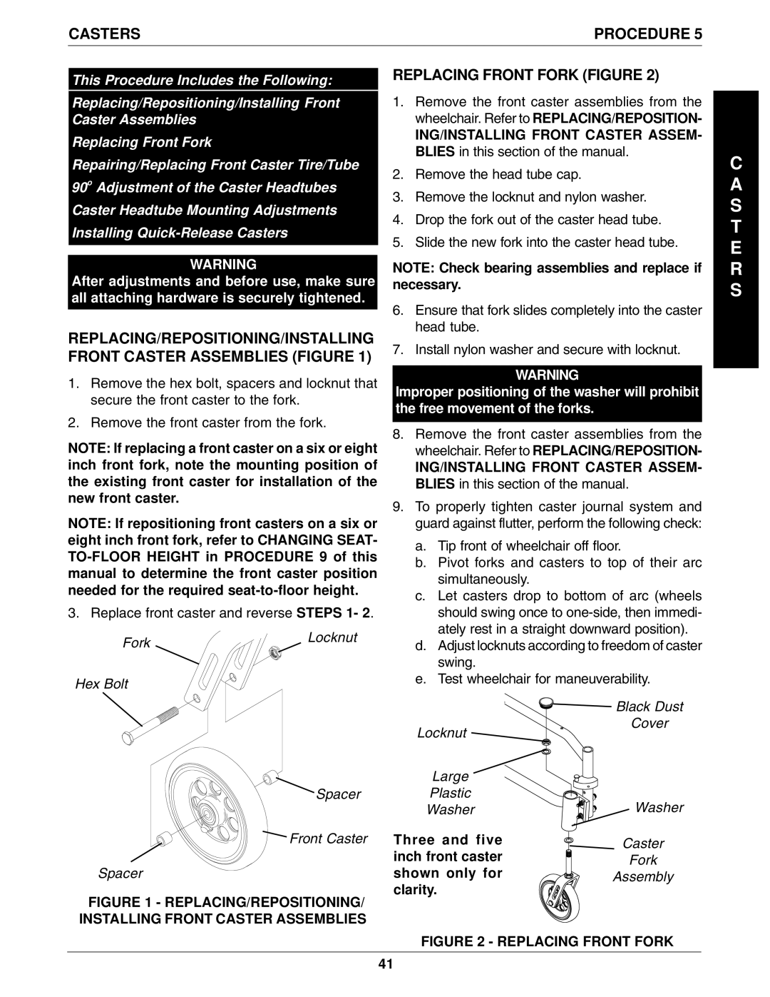 Invacare 1061057, 96-100 manual S T E R S, Casters, Replacing Front Fork Figure 