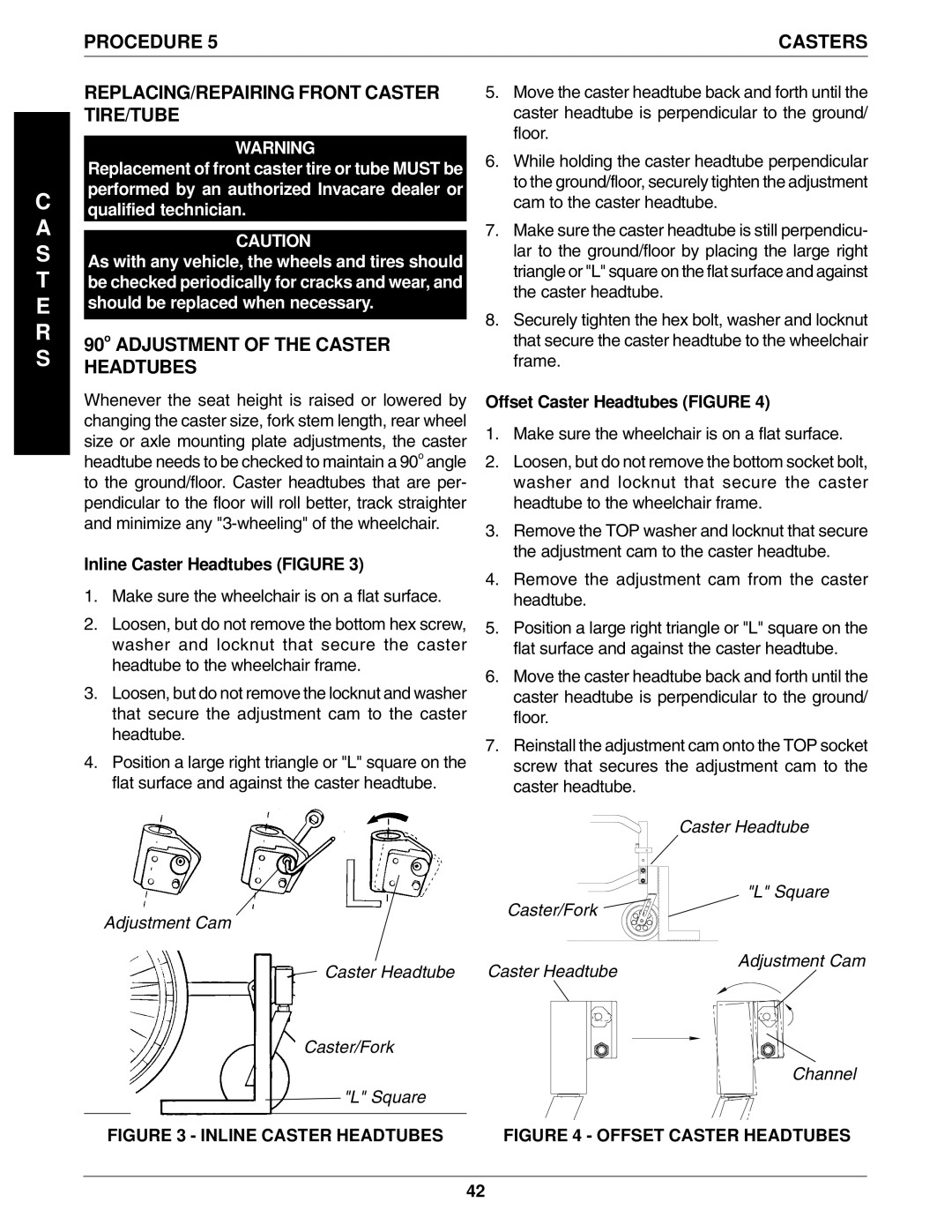 Invacare 96-100, 1061057 manual REPLACING/REPAIRING Front Caster TIRE/TUBE, Casters, Inline Caster Headtubes Figure 